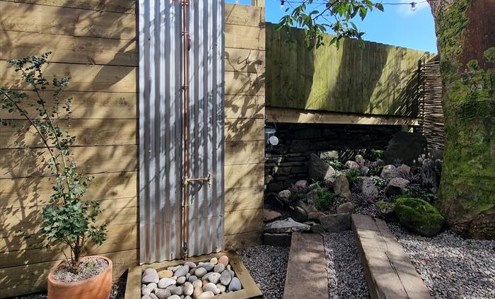 An outdoor shower next to a eucalyptus tree in a pot